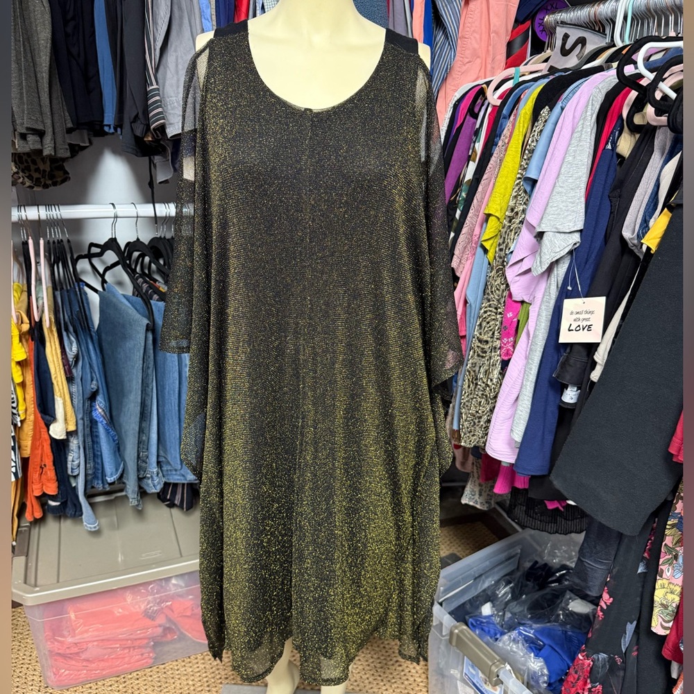 Castaluna womens size 12 cold shoulder bat sleeve metallic gold black mini dress